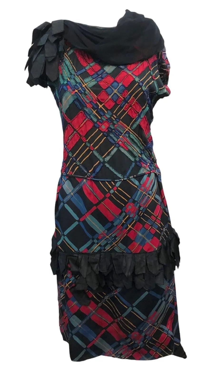 20s XS Flapper Plaid Beaded Chiffon Party Dress