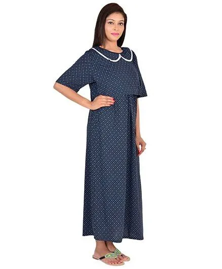 9teenAGAIN Half Sleeves Maternity Nursing Dotted Nightdress - Blue