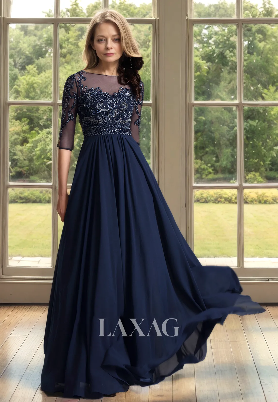 A-Line Half-Sleeves Beaded Mother of the Bride Dress Scoop-Neck Sheer Floor-Length Cocktail Gowns