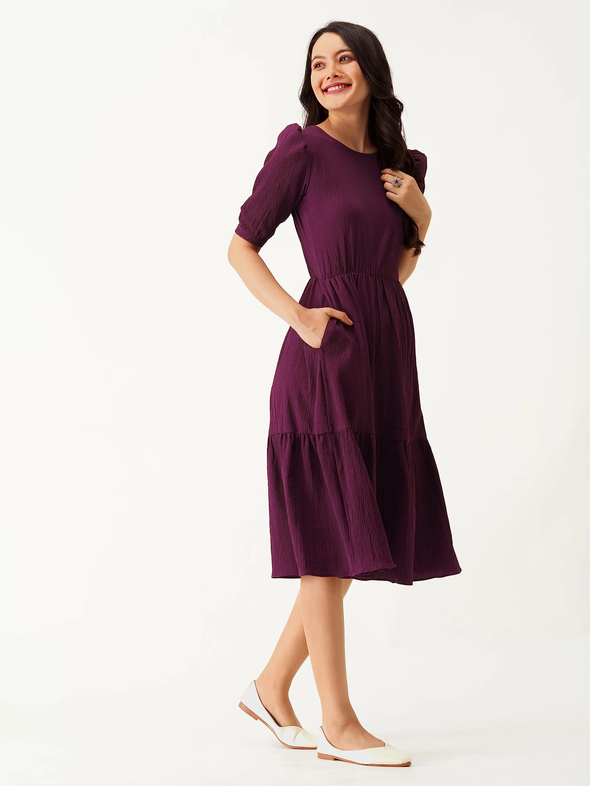 AASK Women A-Line Purple Regular Fit Knee Length Dress_L