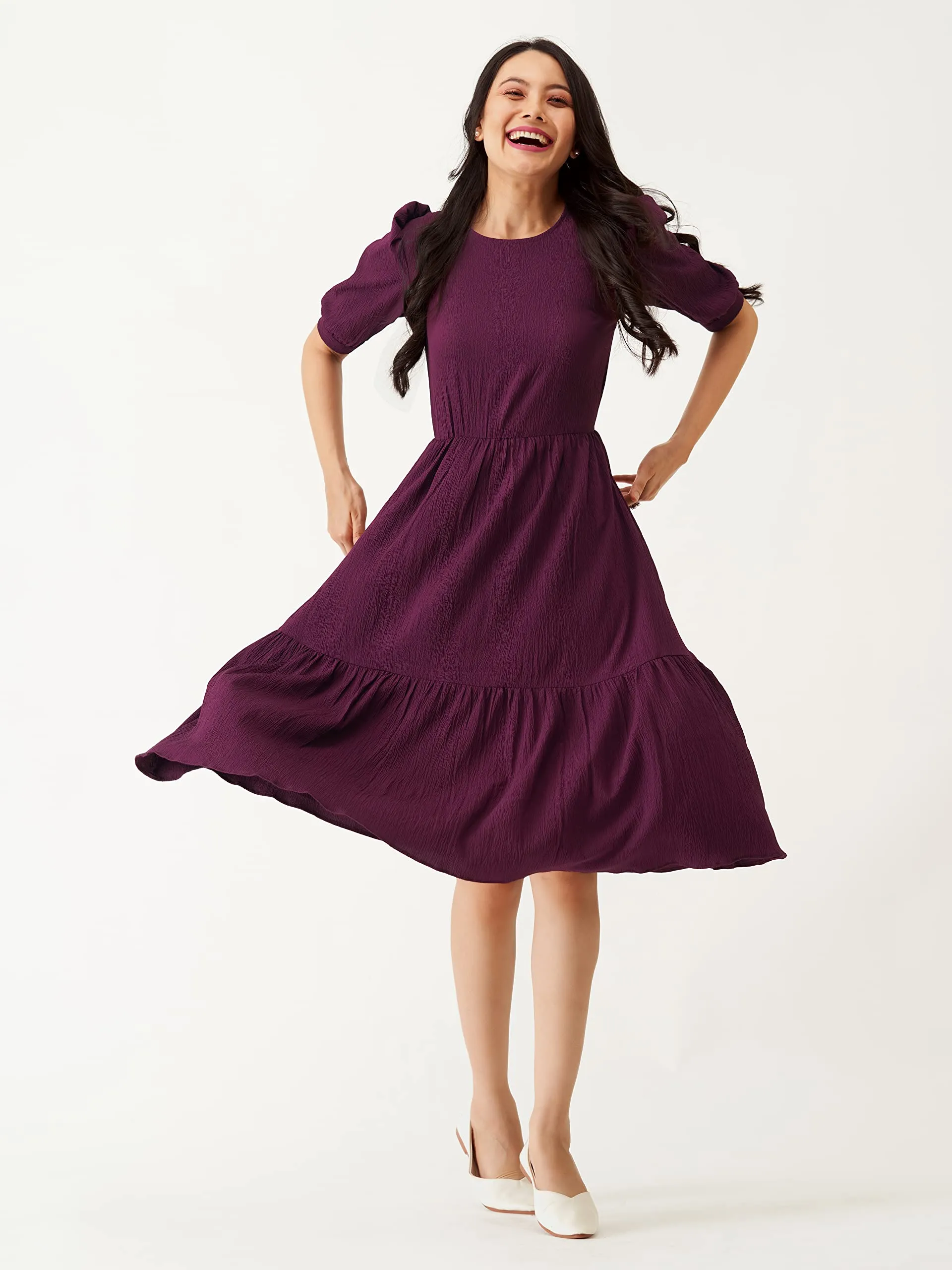 AASK Women A-Line Purple Regular Fit Knee Length Dress_L