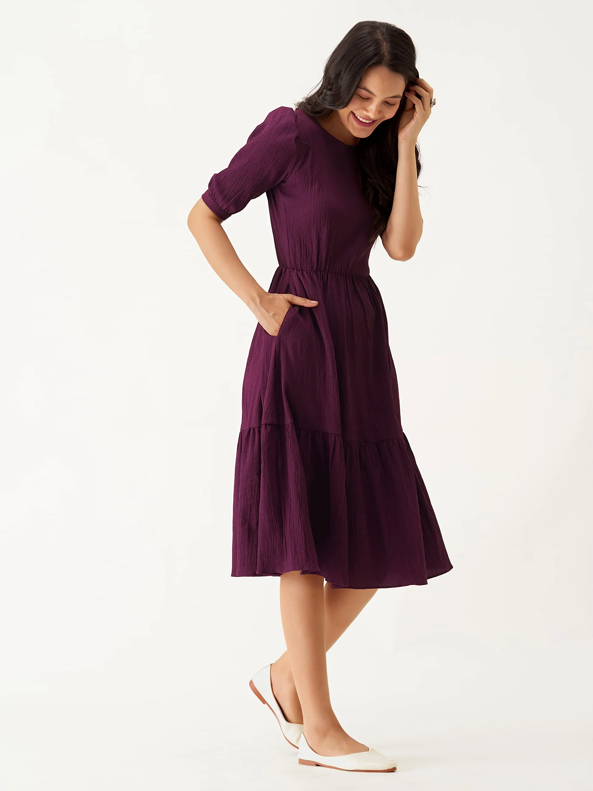 AASK Women A-Line Purple Regular Fit Knee Length Dress_L