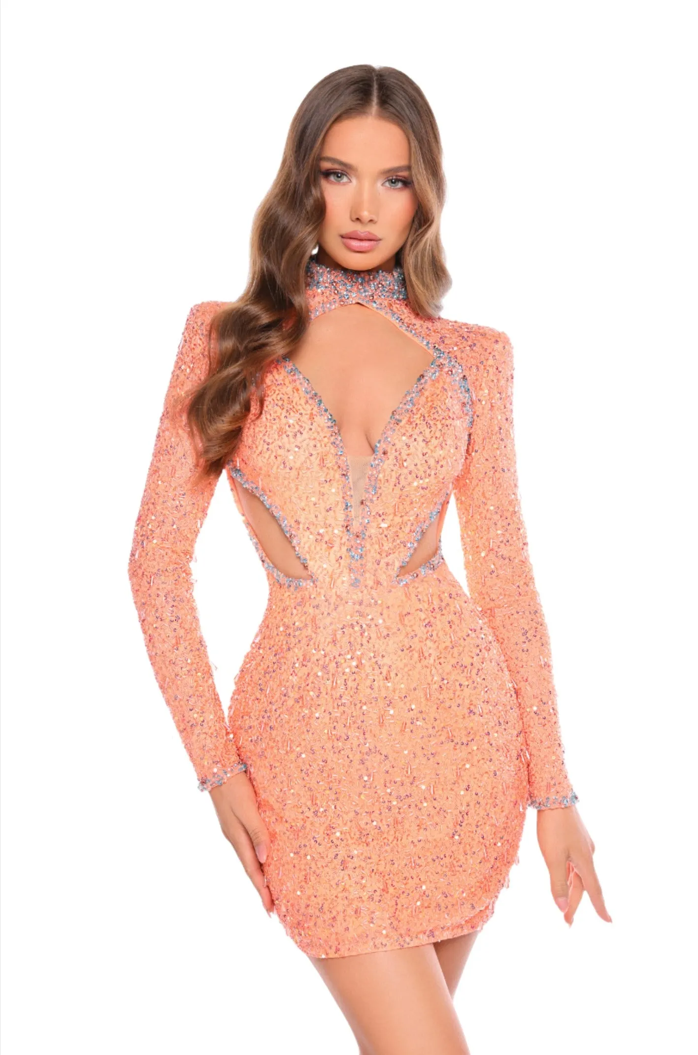 Amarra 88020 Short Sequin Cocktail Dress Long Sleeve Cutout Formal Gown Backless