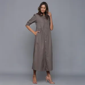 Ash Grey Warm Cotton Flannel Gathered Maxi Dress