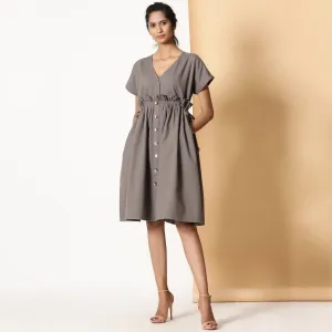 Ash Grey Warm Cotton Flannel Knee Length Frilled Dress