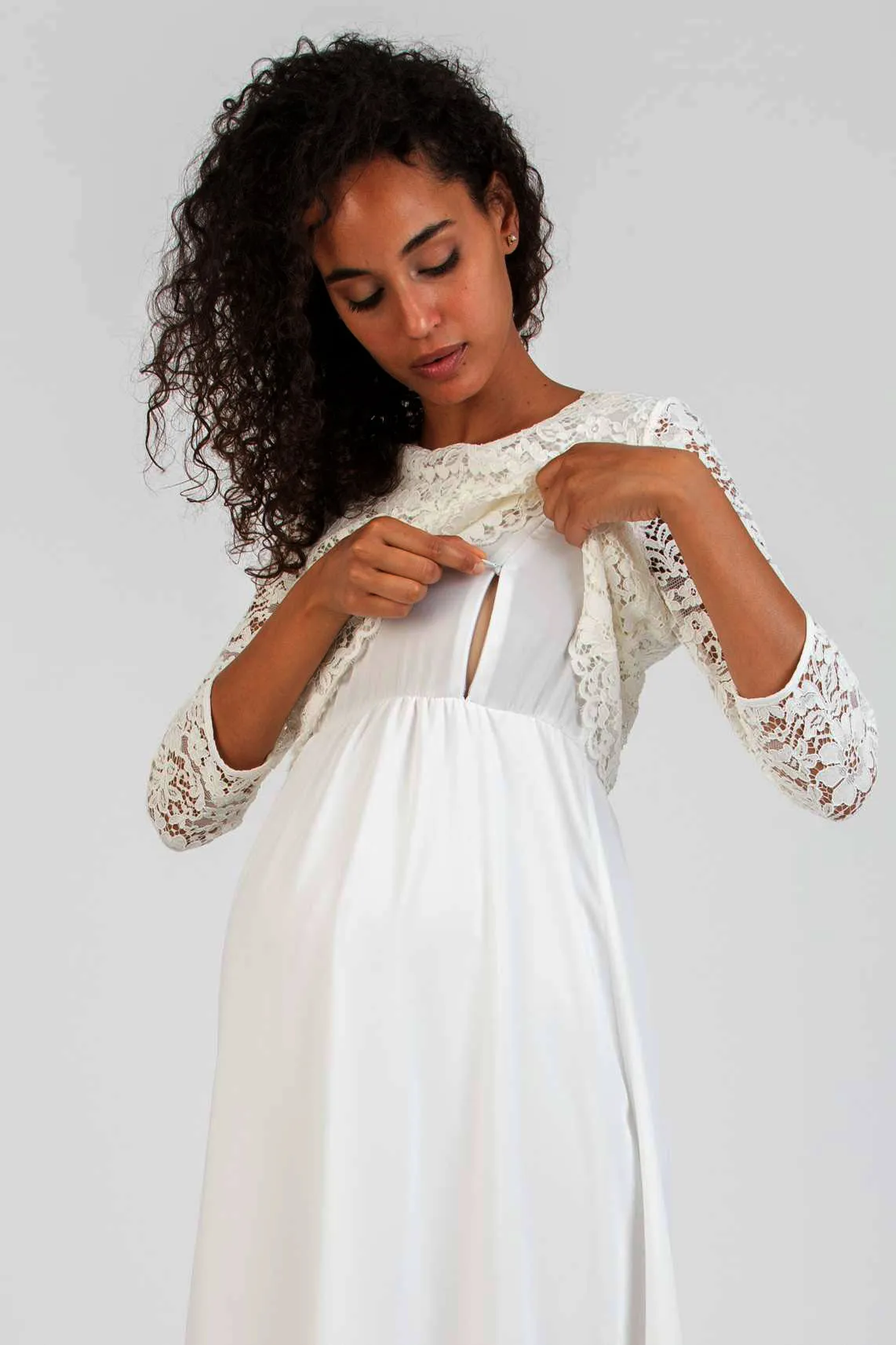 Ava Lace & Chiffon Maternity Nursing Dress In Pearl