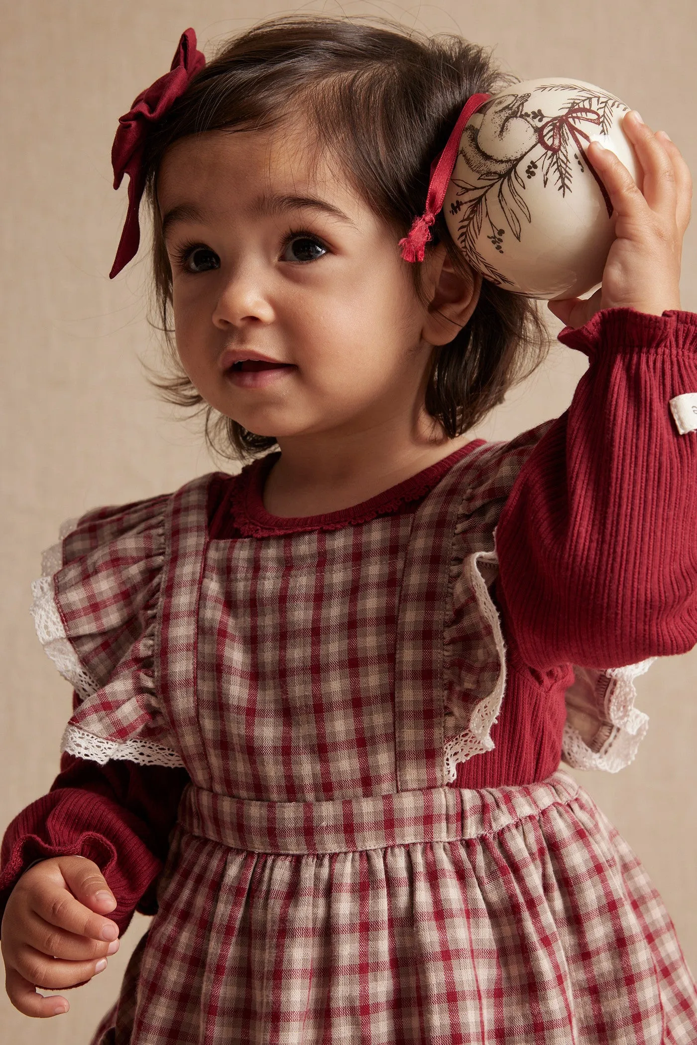 Baby red/beige checked pinafore dress