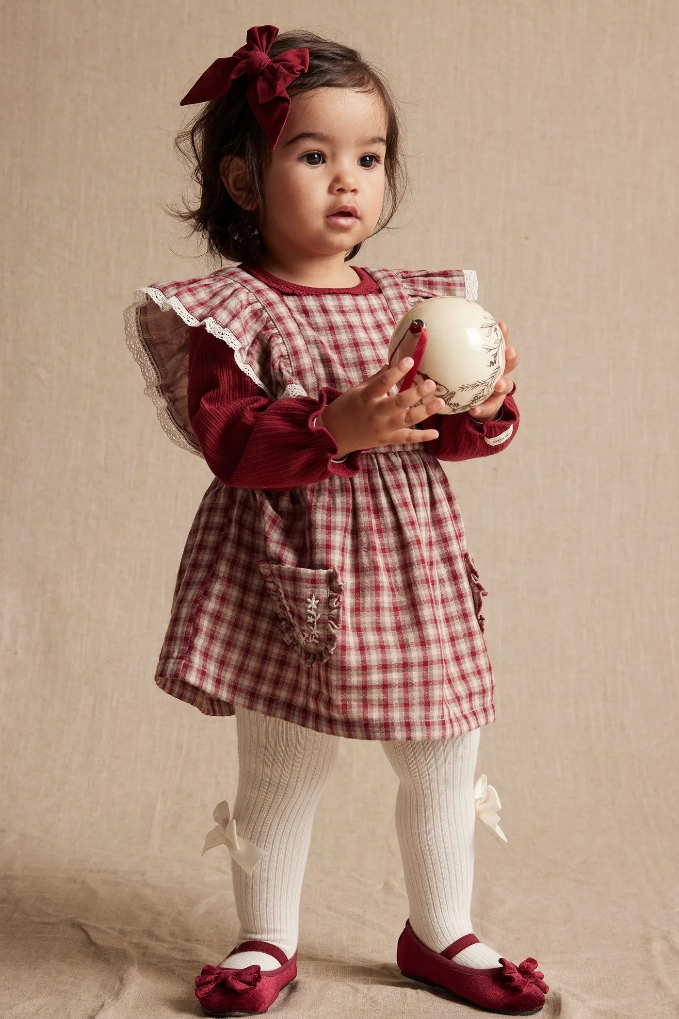 Baby red/beige checked pinafore dress