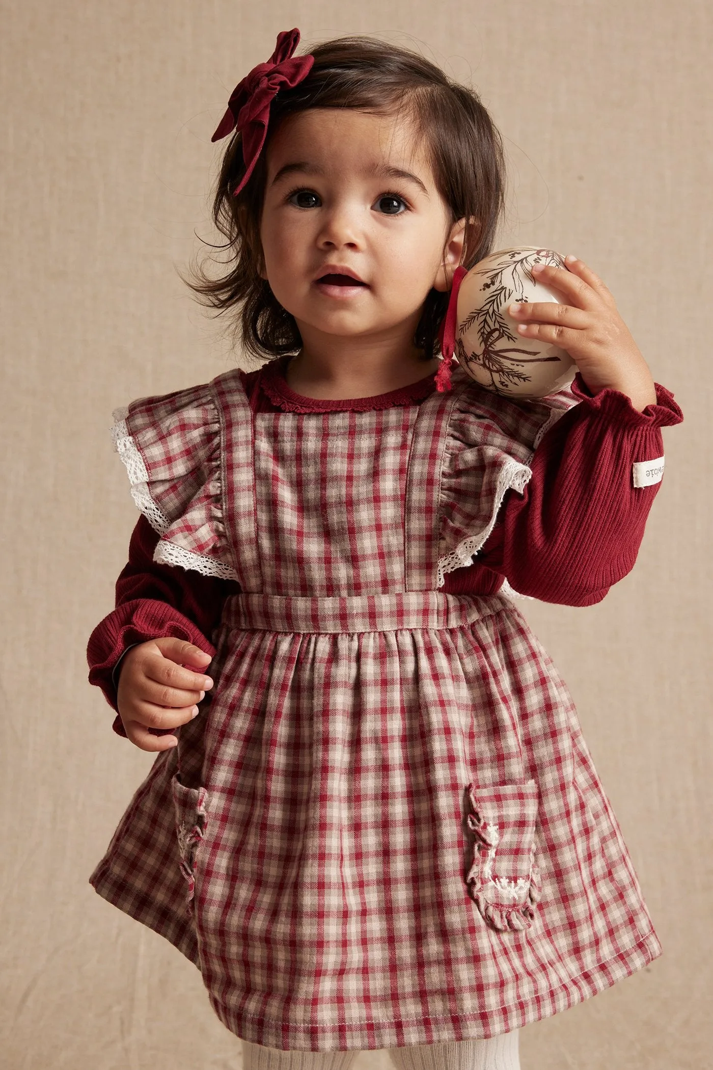 Baby red/beige checked pinafore dress