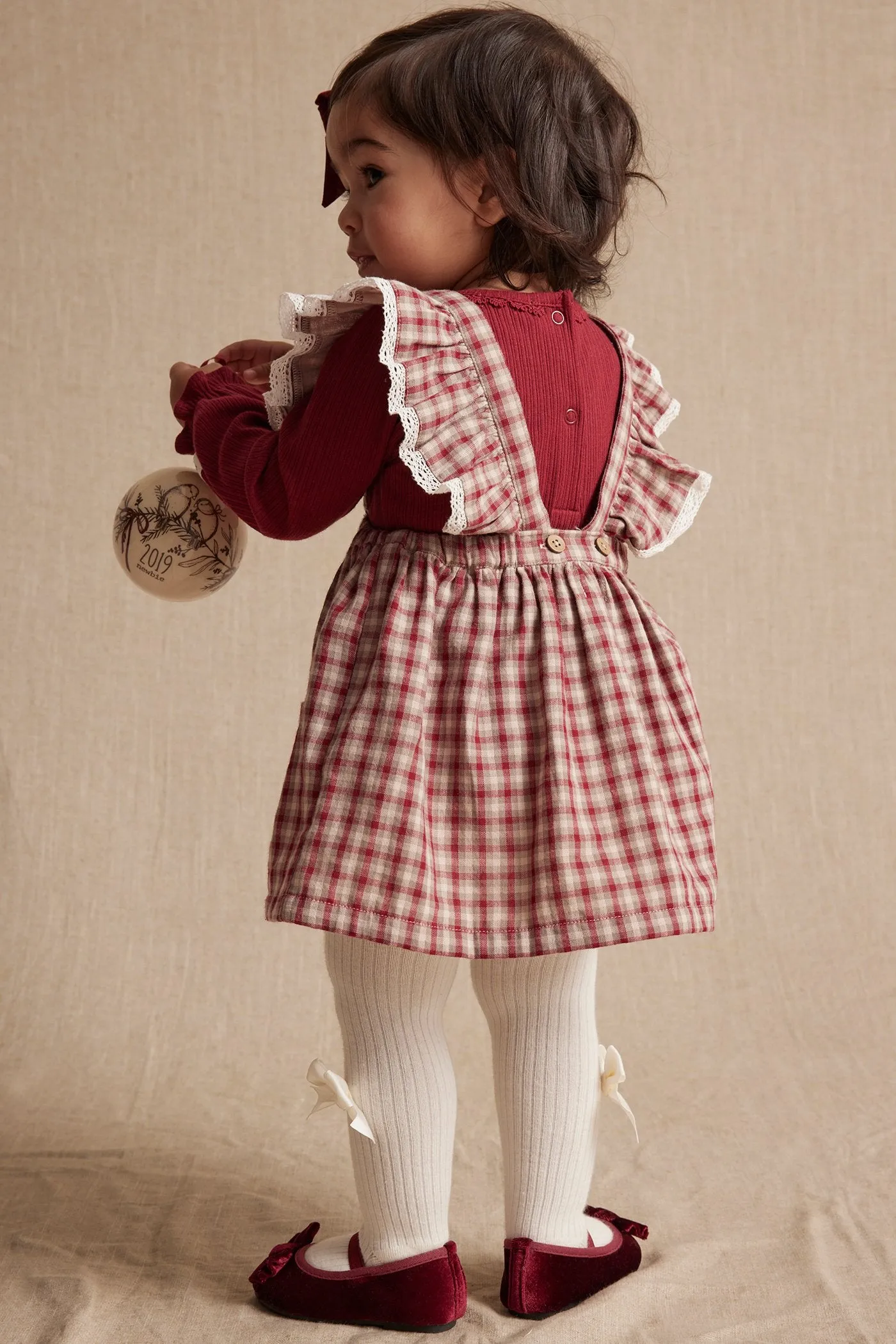 Baby red/beige checked pinafore dress