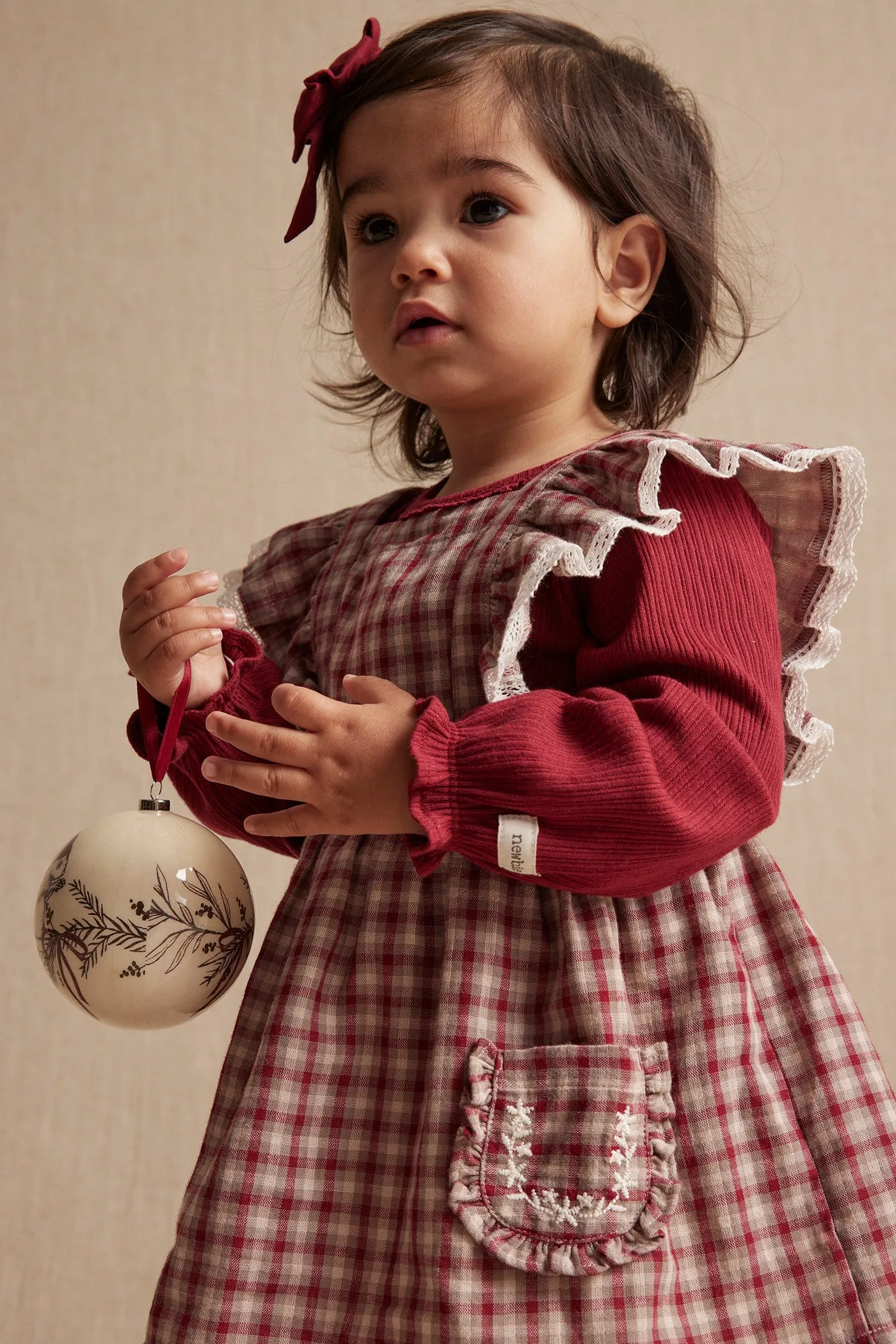 Baby red/beige checked pinafore dress