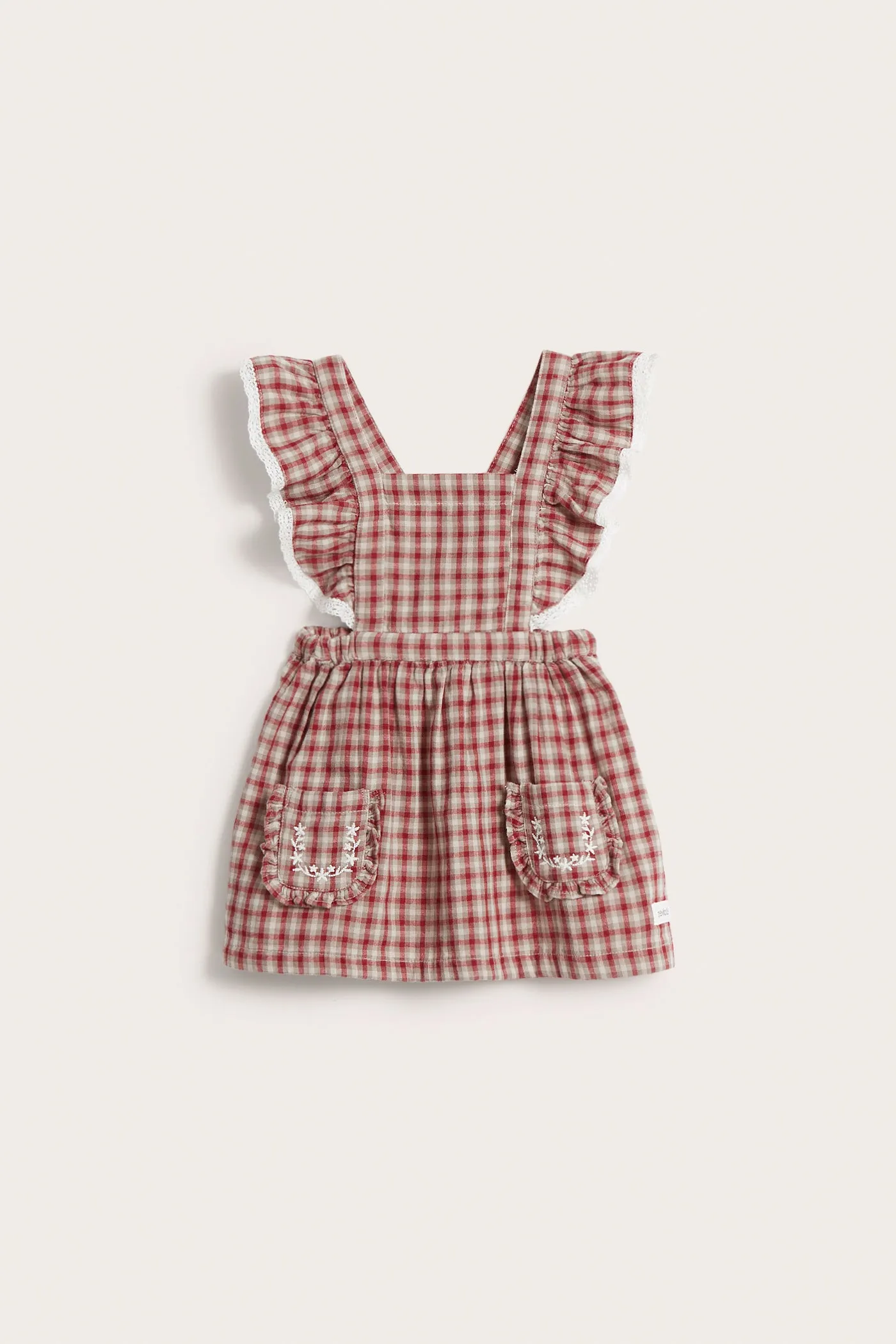 Baby red/beige checked pinafore dress