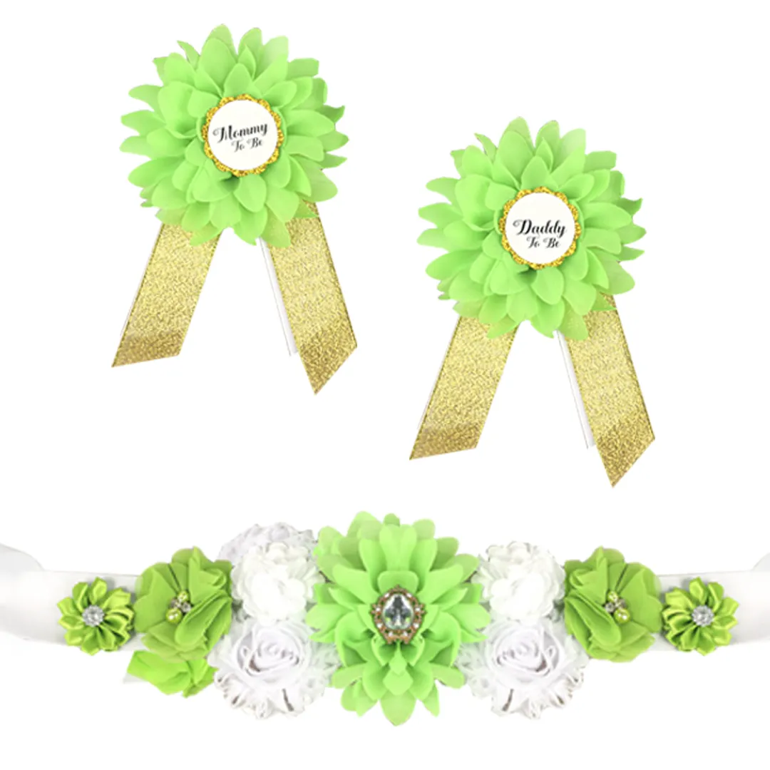 Babymoon Set of 3 Pregnant Mothers Maternity Belt with Mom & Dad Badges - Green