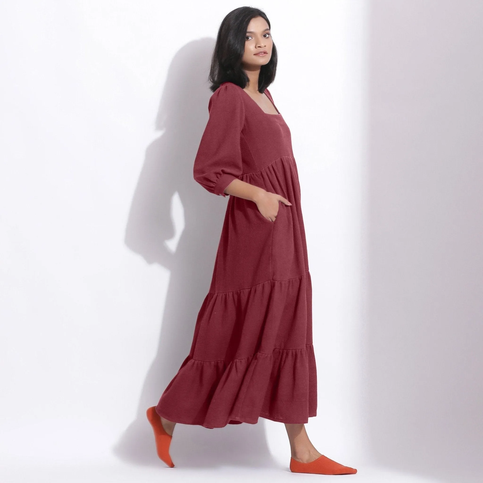 Barn Red Warm Cotton Honeycomb Waffle Maxi Dress