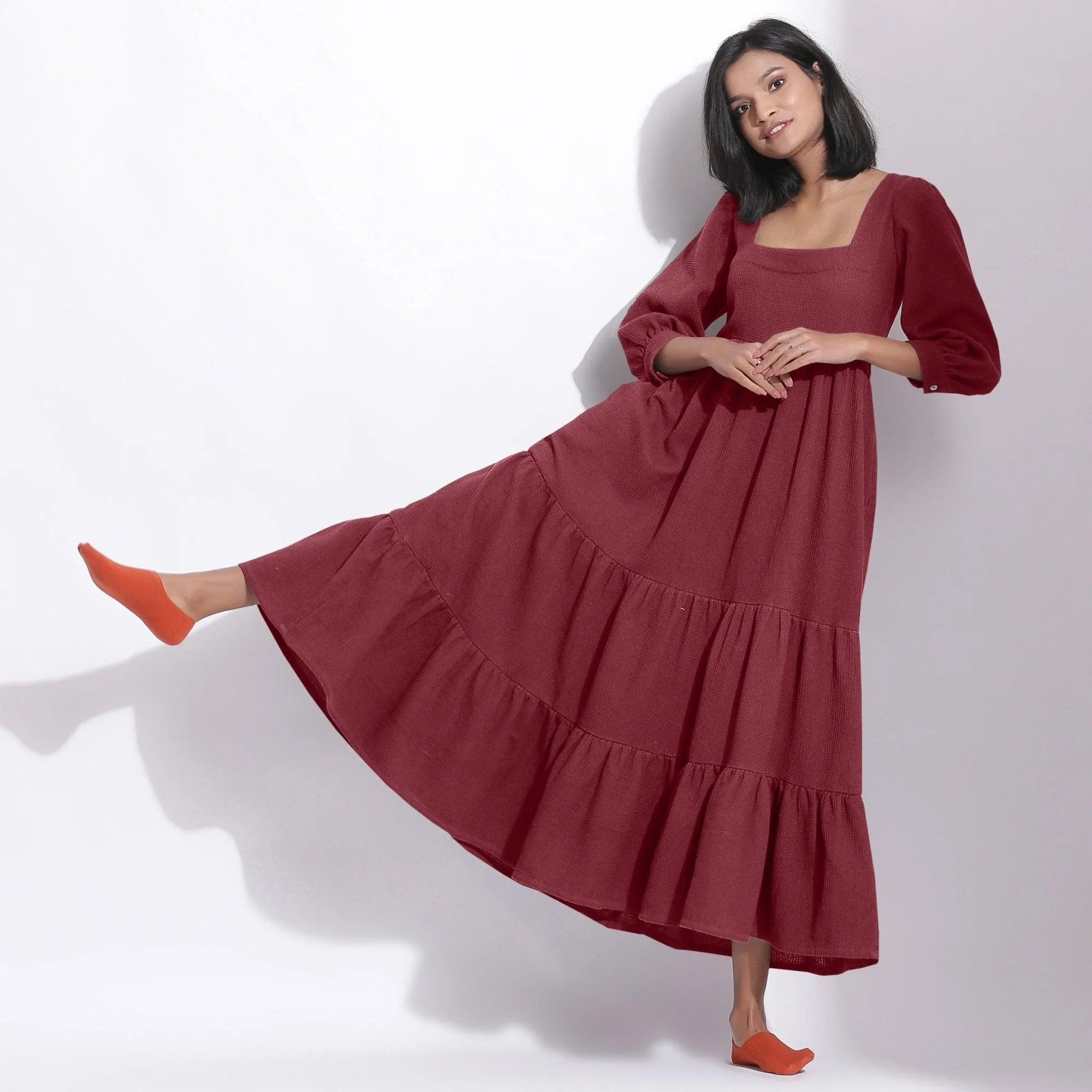 Barn Red Warm Cotton Honeycomb Waffle Maxi Dress