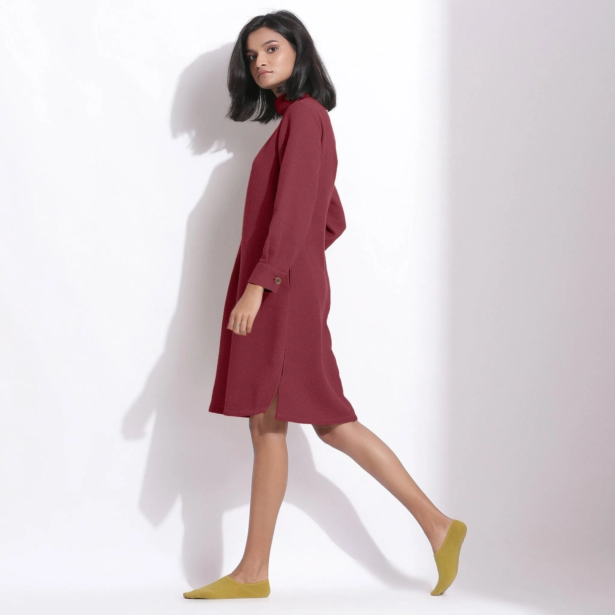 Barn Red Warm Cotton Waffle Knee Length Shift Dress