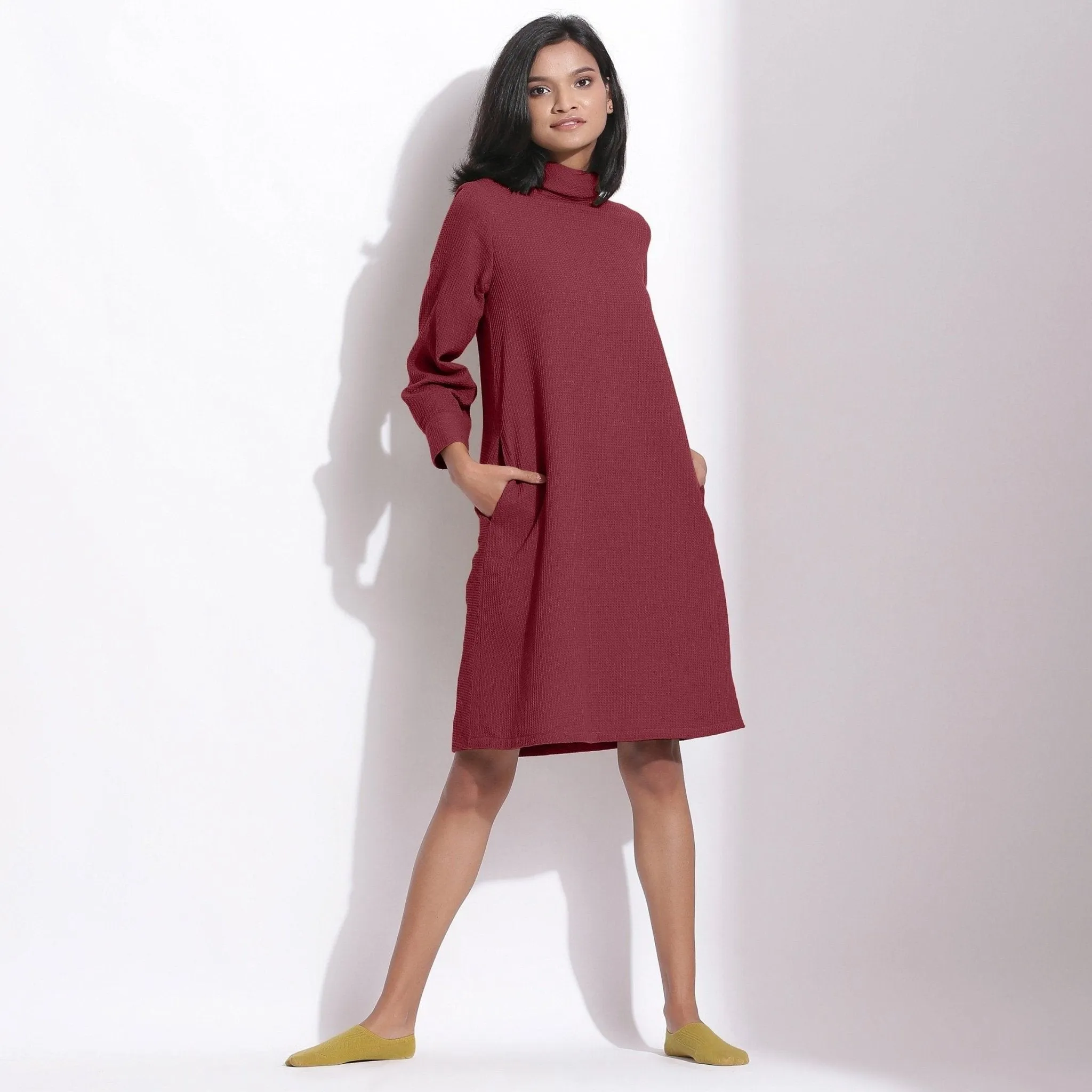 Barn Red Warm Cotton Waffle Knee Length Shift Dress