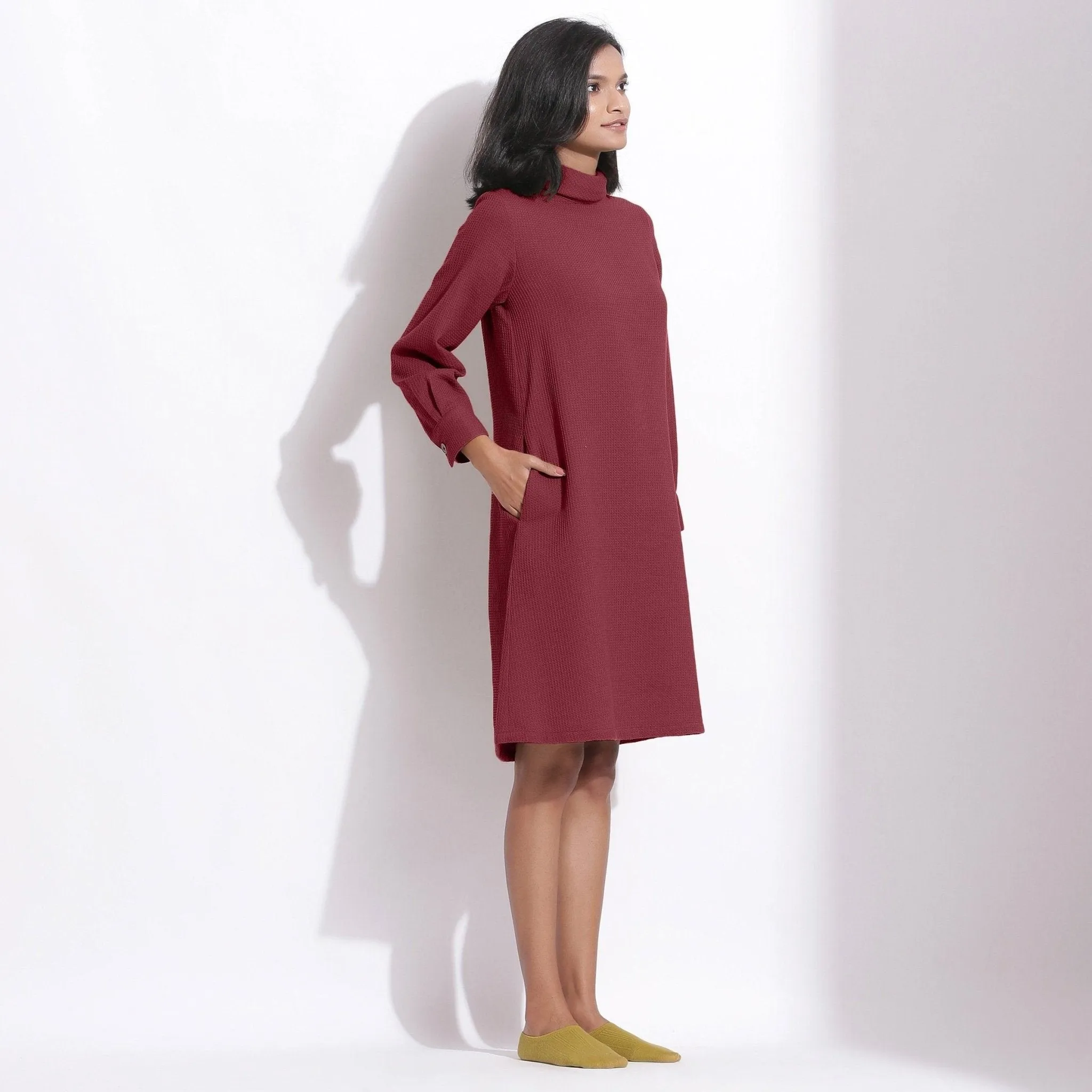 Barn Red Warm Cotton Waffle Knee Length Shift Dress