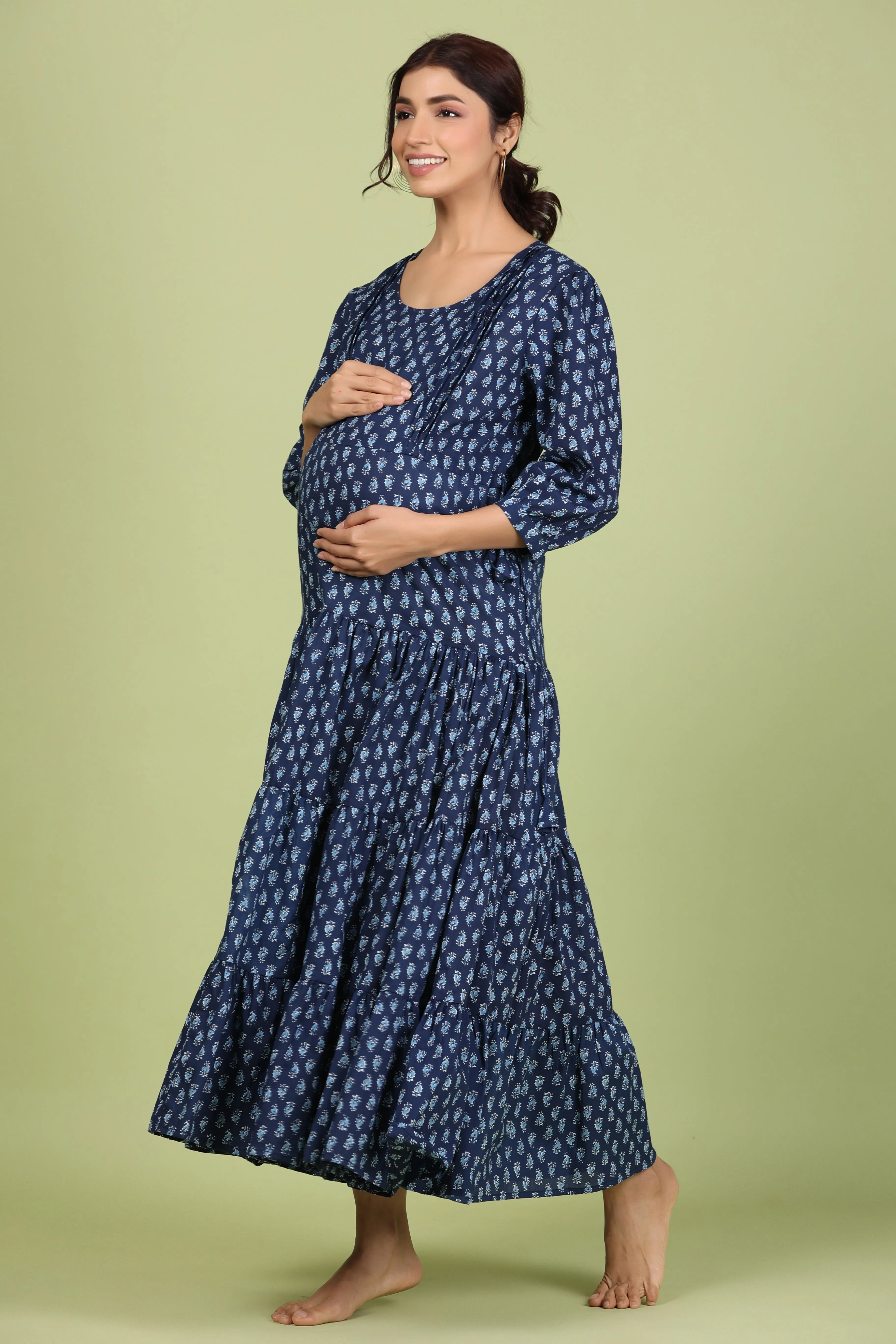 Batik Print on Blue Maternity Feeding Dress