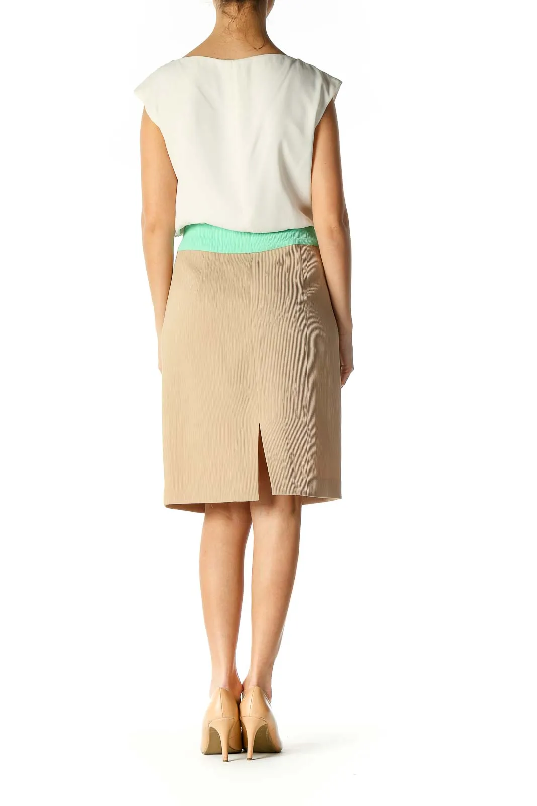 Beige Colorblock Classic Pleated Skirt