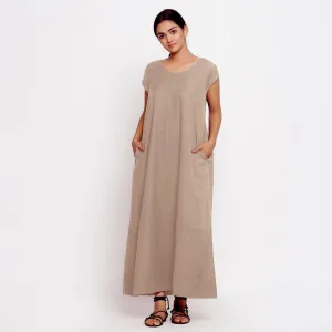 Beige Cotton Flax Scoop Neck Paneled Maxi Dress