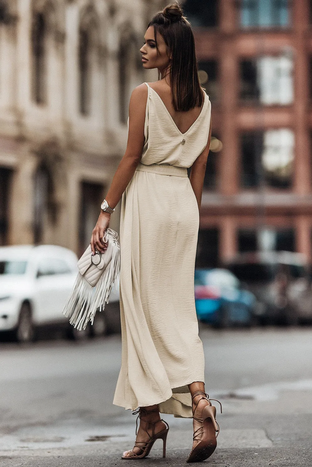 Beige Ruffle Sleeveless Elastic Belted Maxi Dress