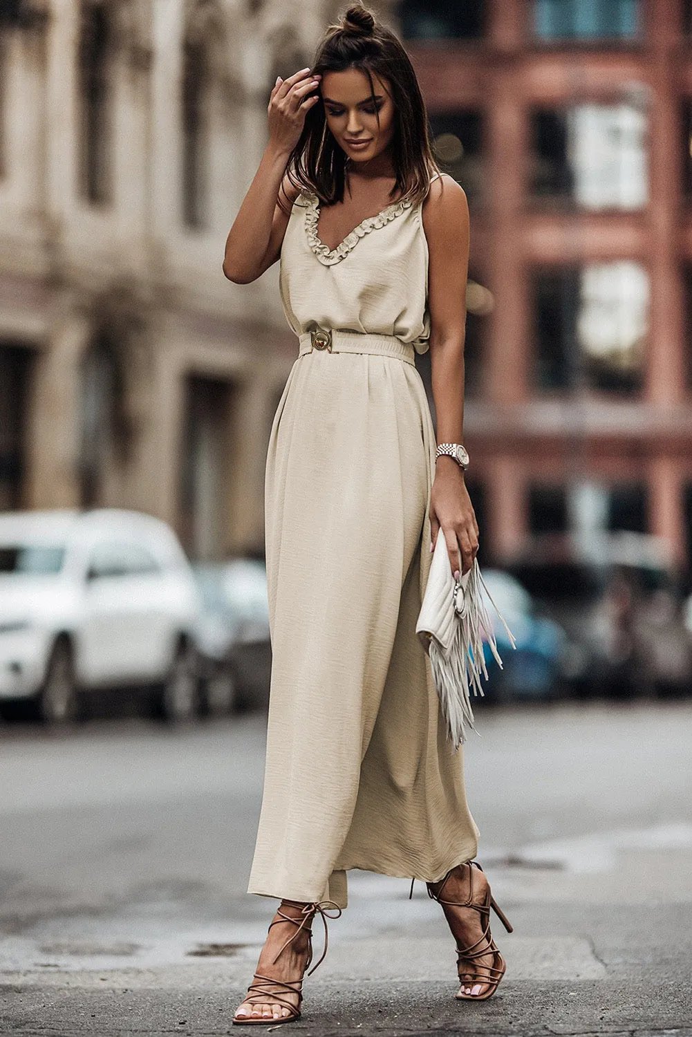 Beige Ruffle Sleeveless Elastic Belted Maxi Dress