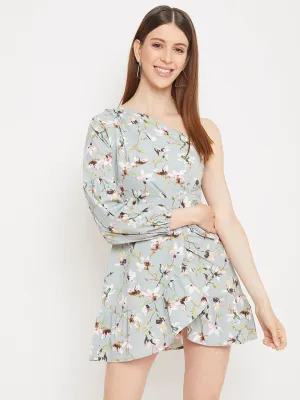 Berrylush Women Grey Floral One-Shoulder Fit & Flare Mini Dress