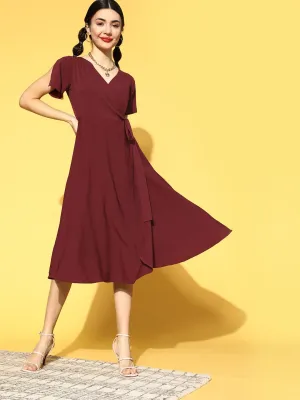 Berrylush Women Solid Maroon V-Neck Slit Sleeve Waist Tie-Up Flared Wrap Midi Dress