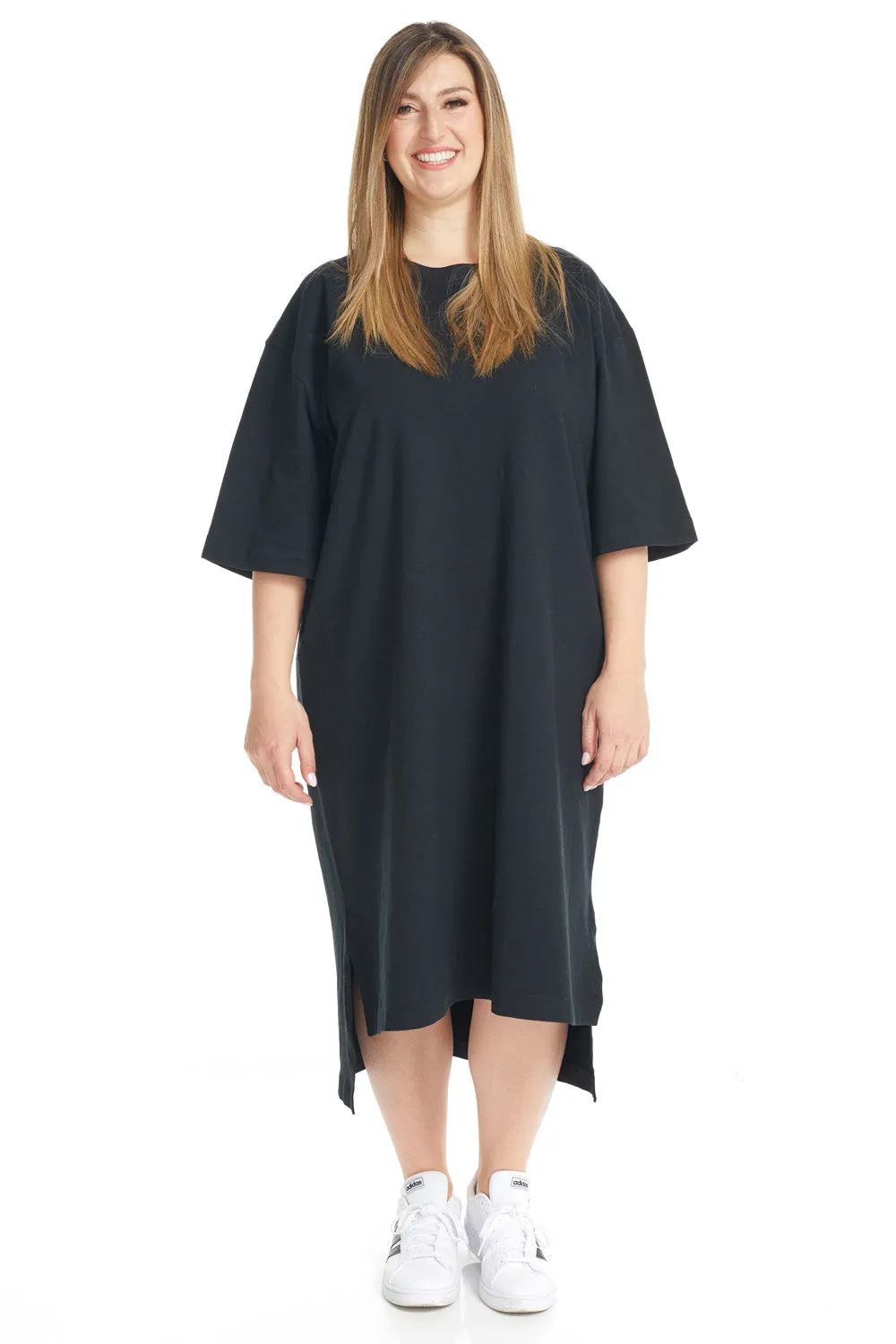 Black 3/4 Sleeve Cotton Oversized Hi-Lo T-shirt Dress