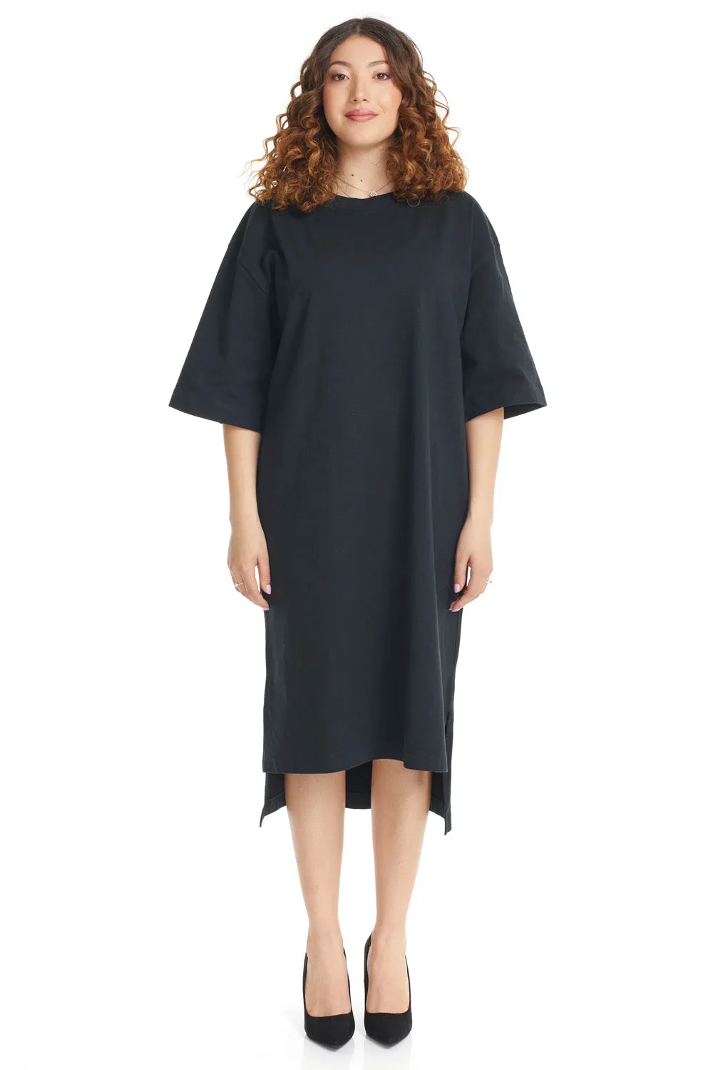 Black 3/4 Sleeve Cotton Oversized Hi-Lo T-shirt Dress