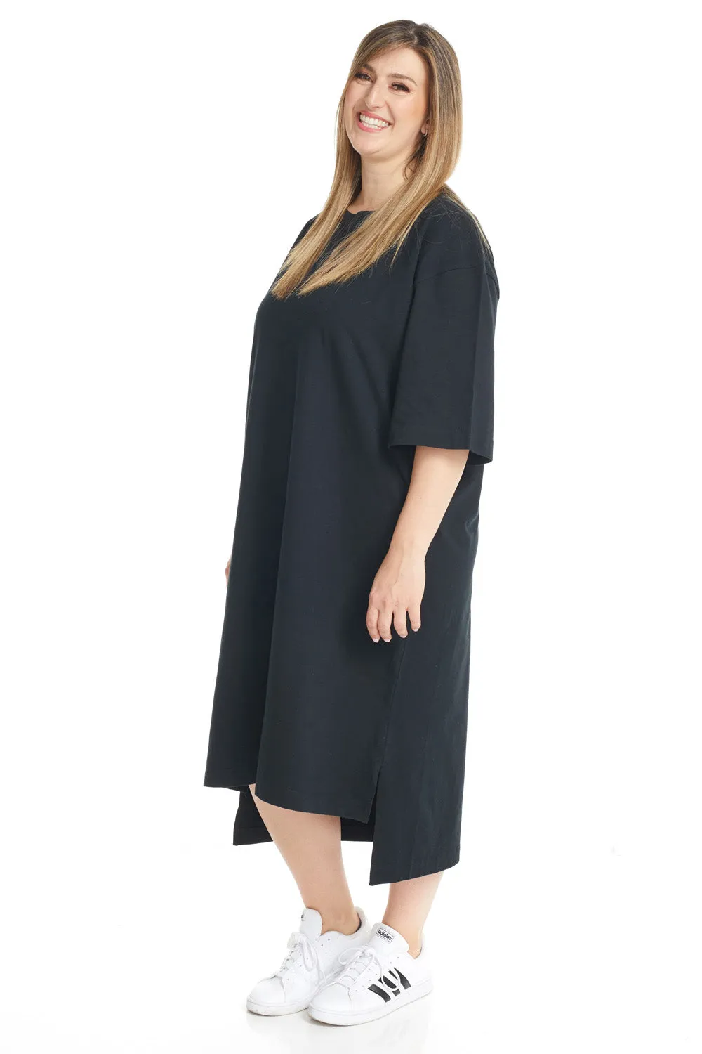 Black 3/4 Sleeve Cotton Oversized Hi-Lo T-shirt Dress