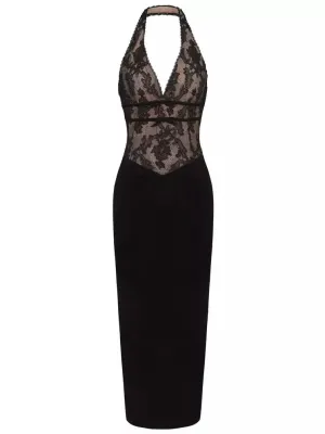 Black Halter-Neck Velvet and Lace Detailed Dress