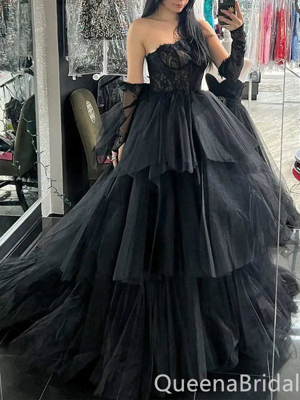 Black Lace Appliques Sheer Corset Strapless Layer A-line Evening Gown Maxi Long Evening Party Prom Dresses with Trailing,WGP1024