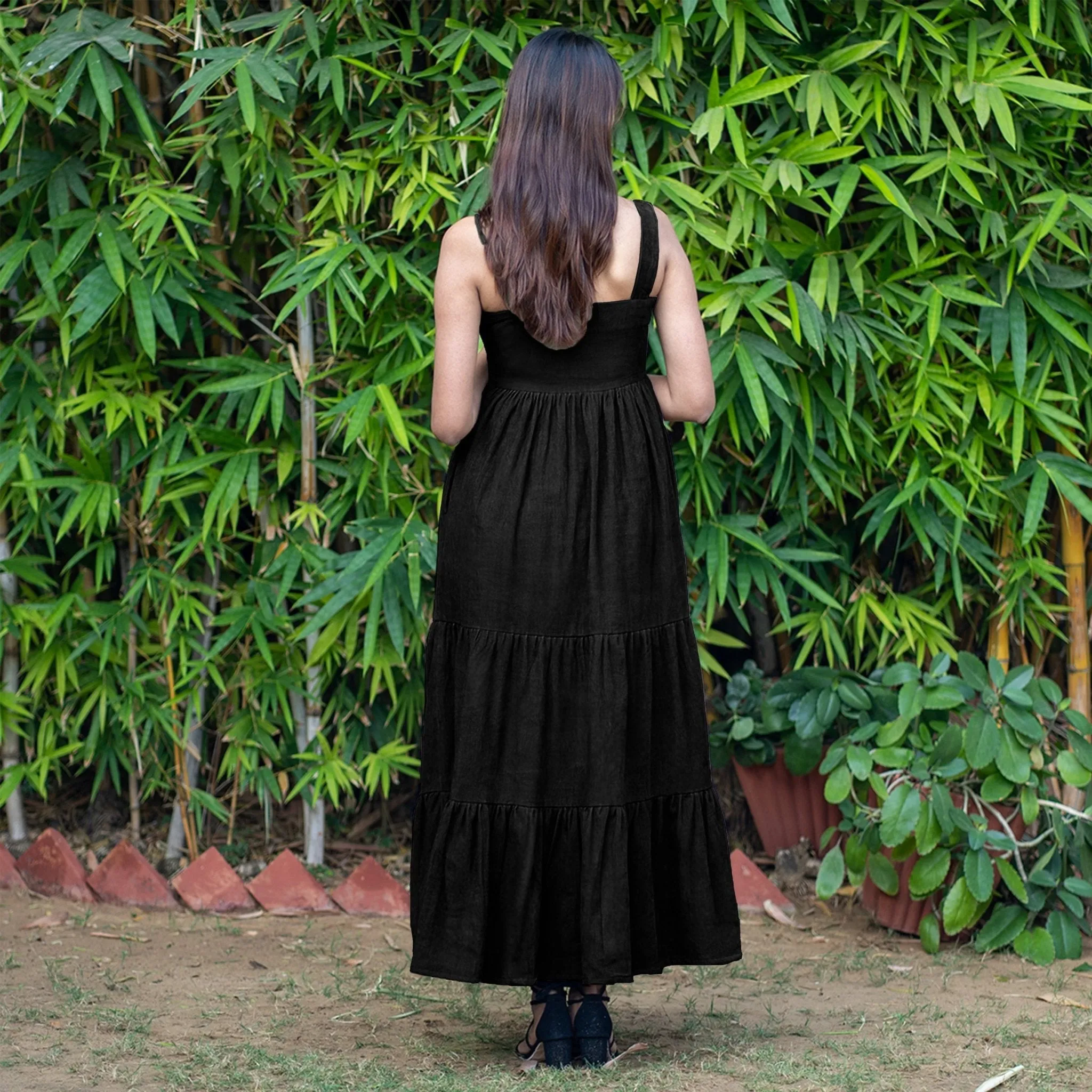 Black Warm Cotton Corduroy Gathered Maxi Tier Dress