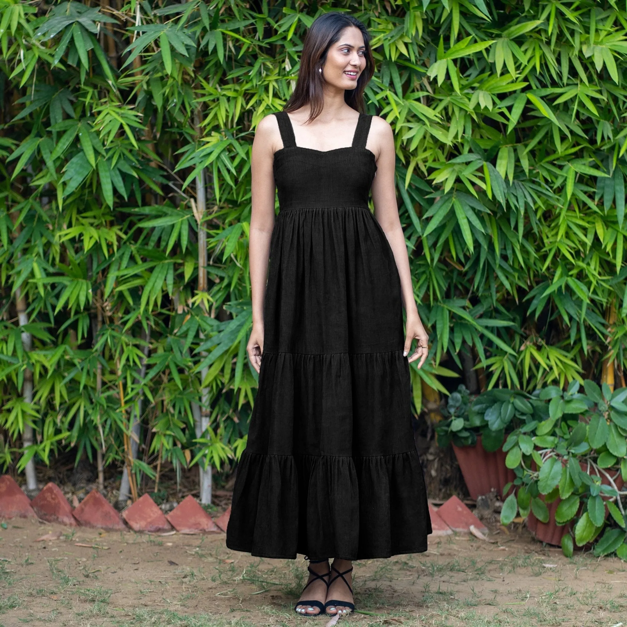 Black Warm Cotton Corduroy Gathered Maxi Tier Dress