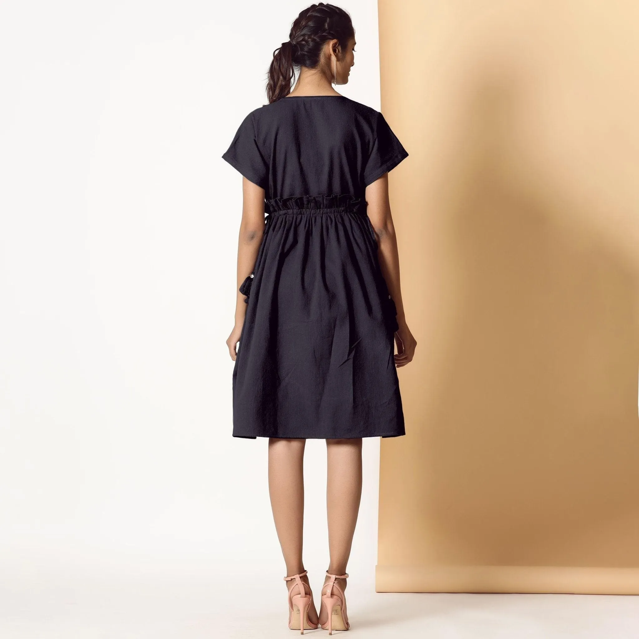 Black Warm Cotton Flannel Knee Length Frilled Dress