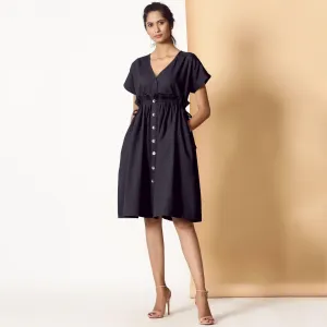 Black Warm Cotton Flannel Knee Length Frilled Dress