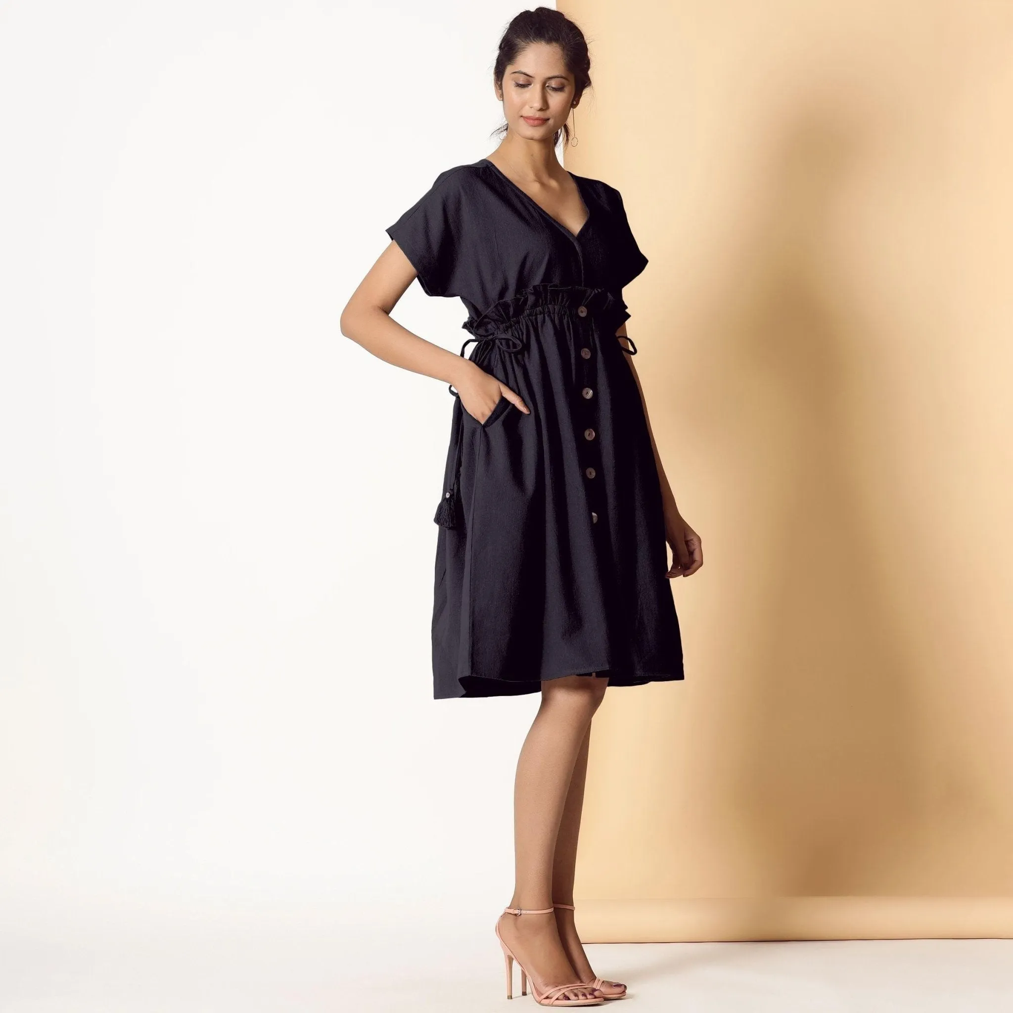 Black Warm Cotton Flannel Knee Length Frilled Dress