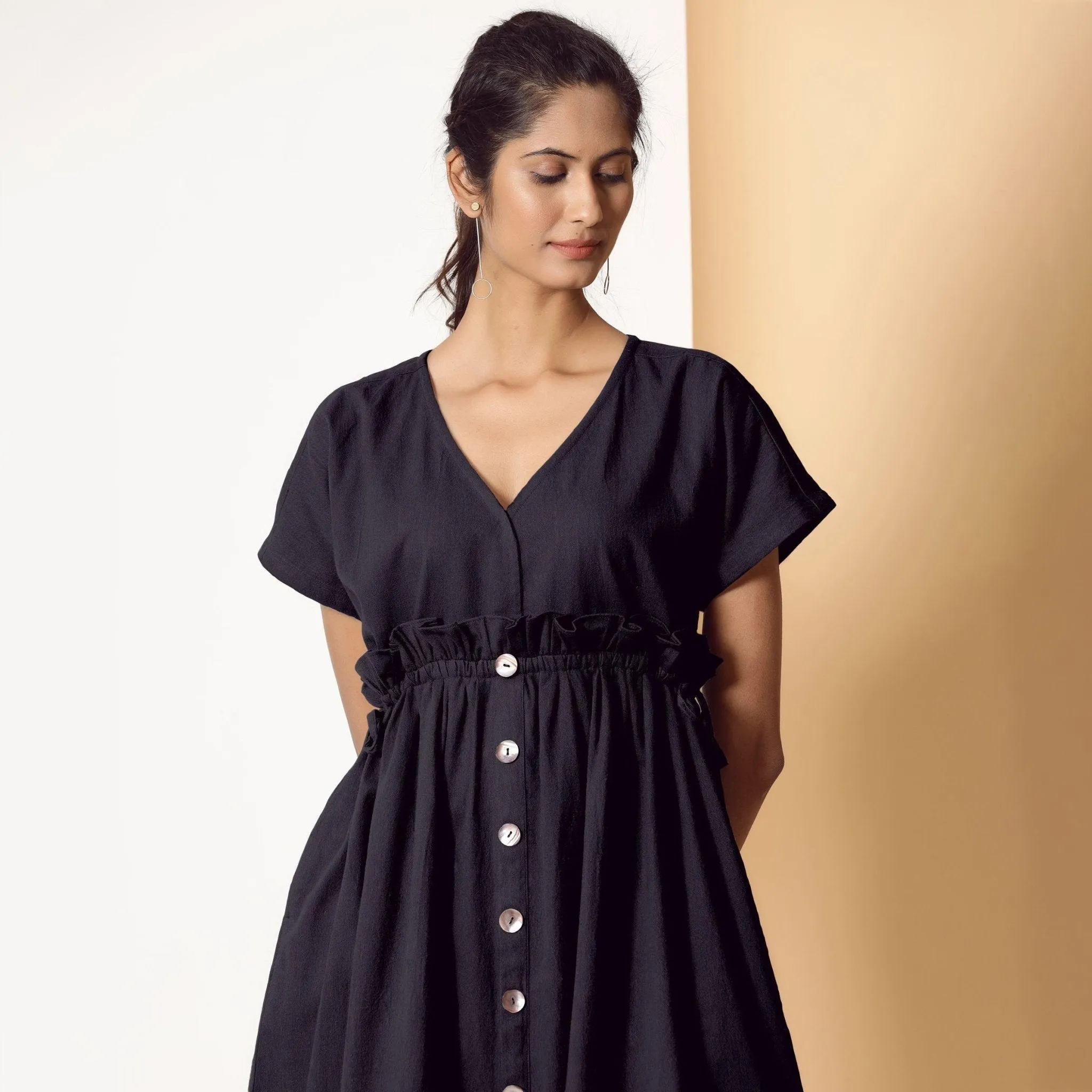 Black Warm Cotton Flannel Knee Length Frilled Dress