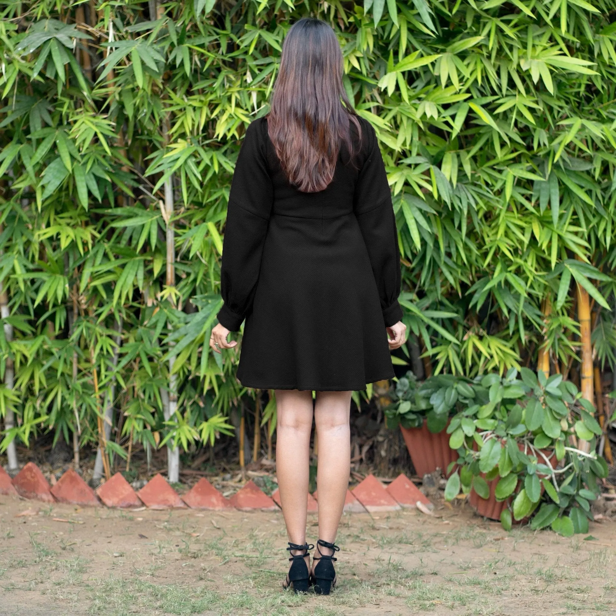 Black Warm Cotton Waffle Fit and Flare Short Dress