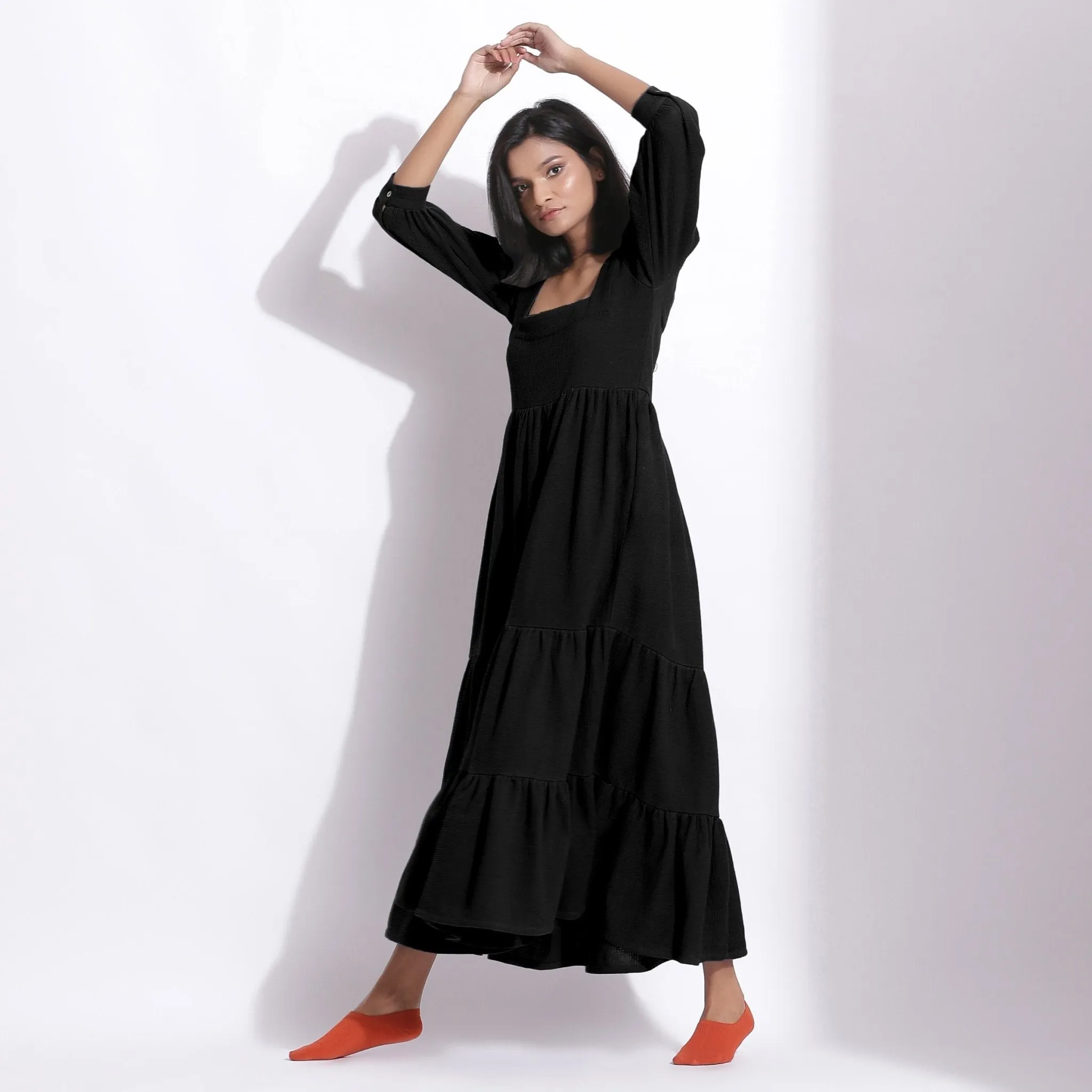 Black Warm Cotton Waffle Tier Maxi Dress