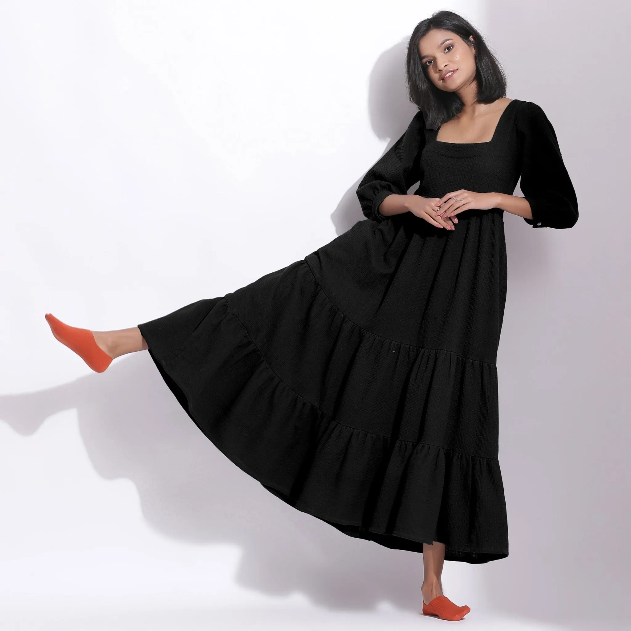 Black Warm Cotton Waffle Tier Maxi Dress