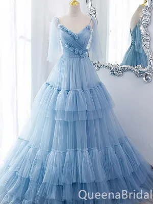 Blue Lace Up Back V Neck Layer Spaghetti Straps A-line Ball Gown Evening Gown Maxi Long Evening Party Prom Dresses ,WGP1215