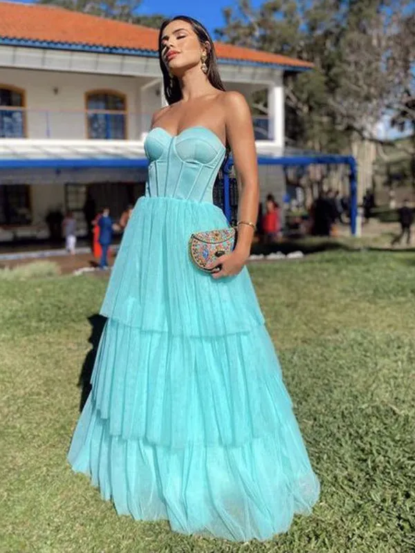 Blue Strapless Sweetheart Sheer Corset A-line Long Prom Dresses to Impress ,WGP1367