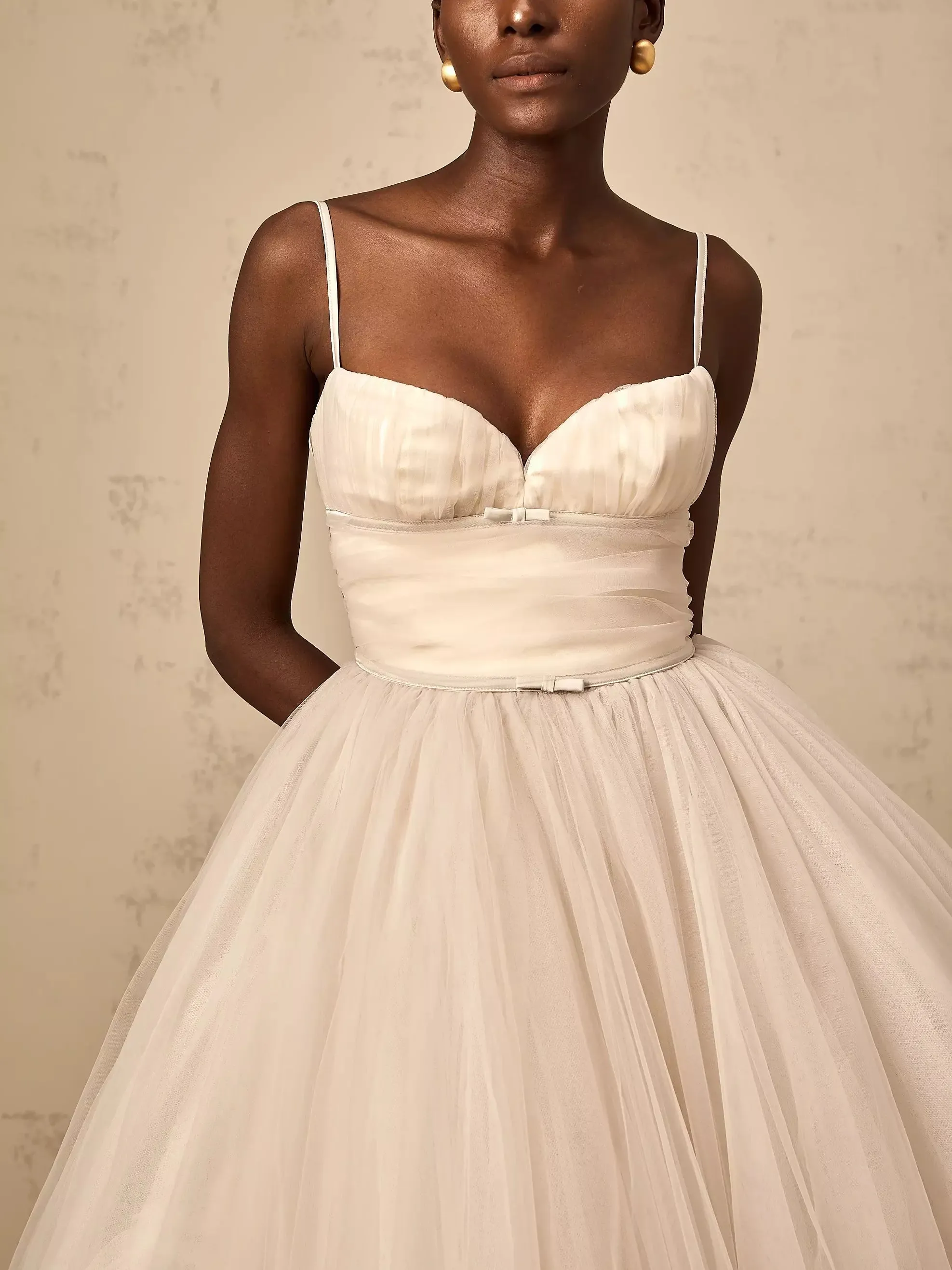 Bow-Detail Sleeveless Tulle Flared Midi Dress