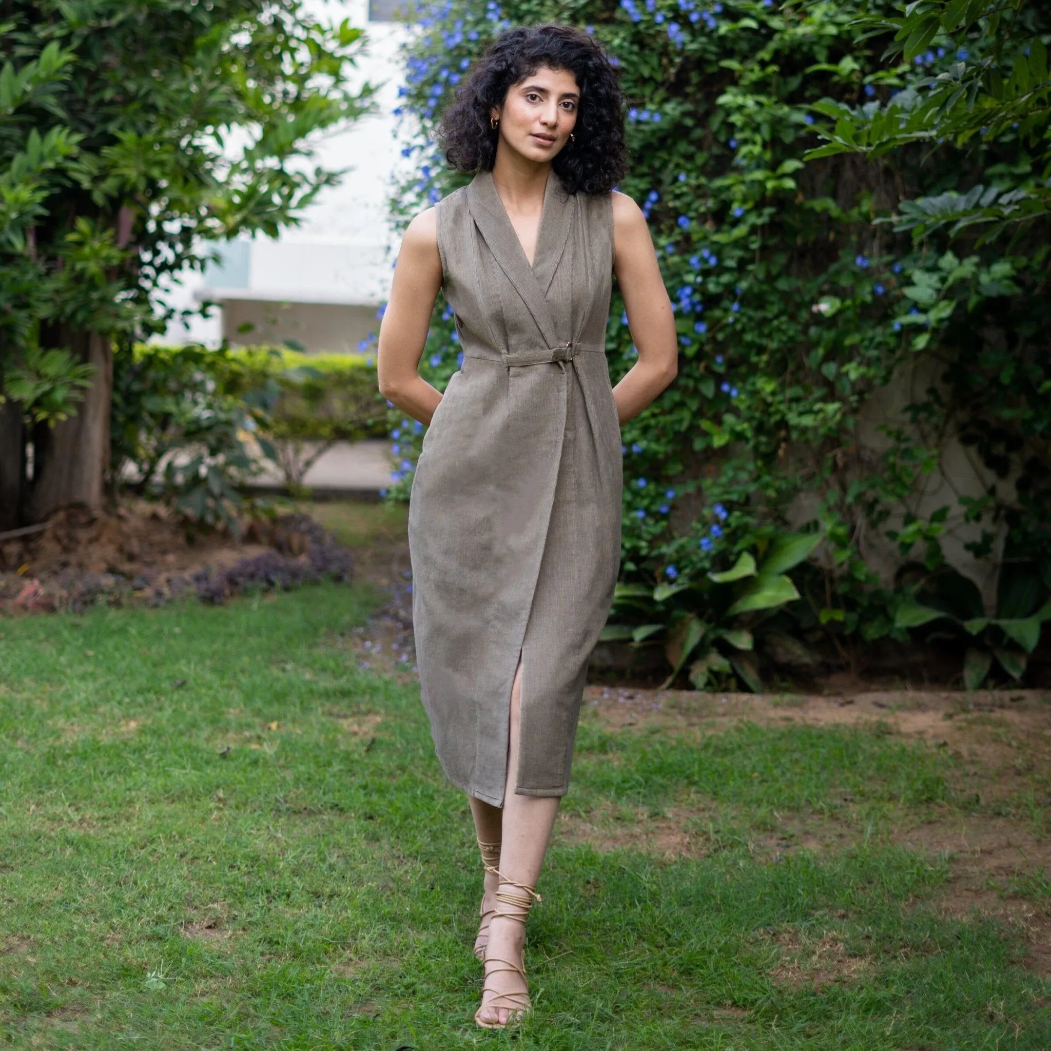 Bronze Grey Warm Cotton Corduroy Sleeveless Midi Blazer Dress