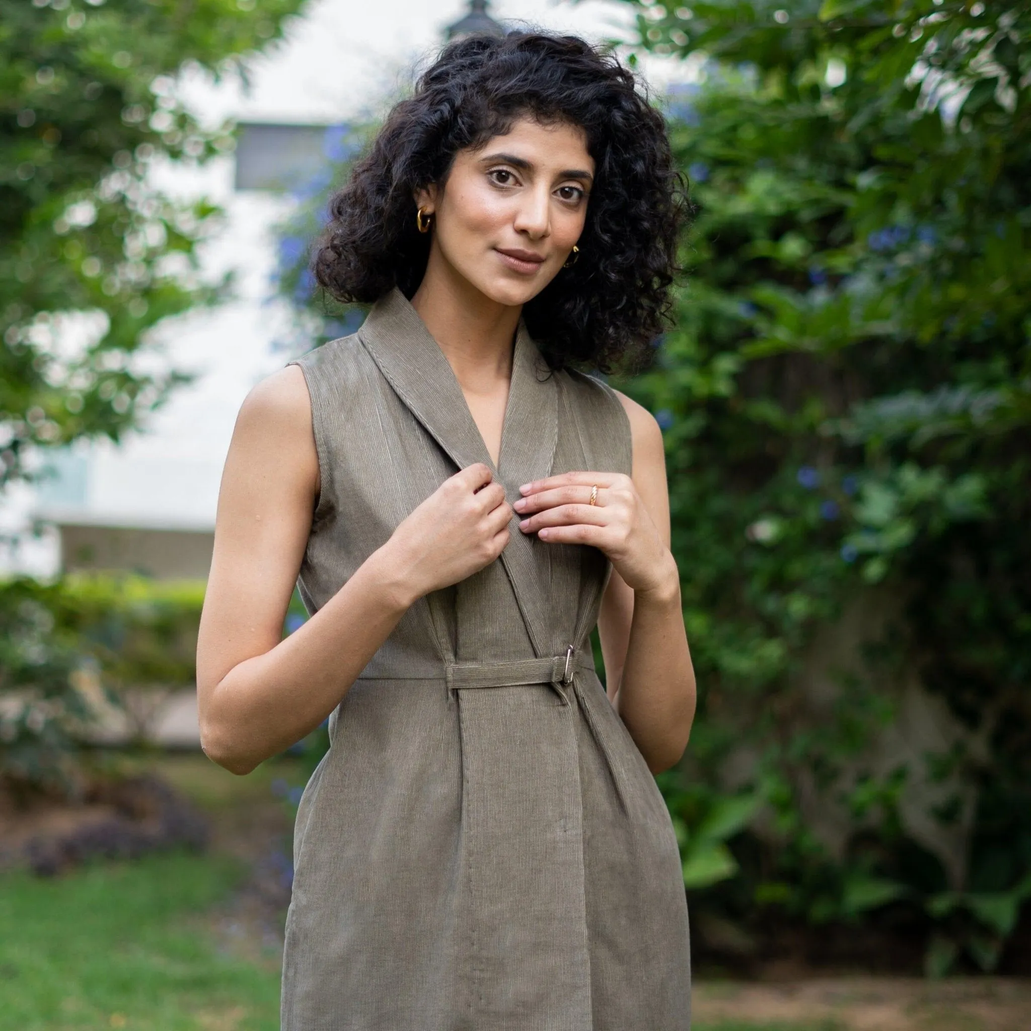 Bronze Grey Warm Cotton Corduroy Sleeveless Midi Blazer Dress