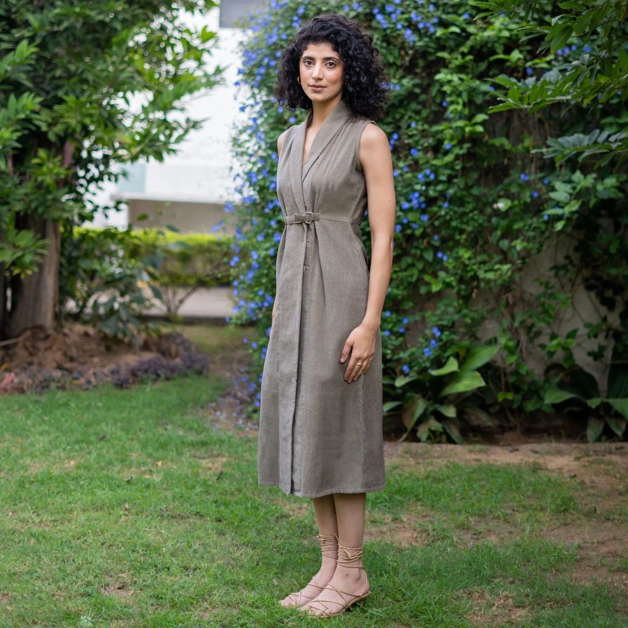 Bronze Grey Warm Cotton Corduroy Sleeveless Midi Blazer Dress