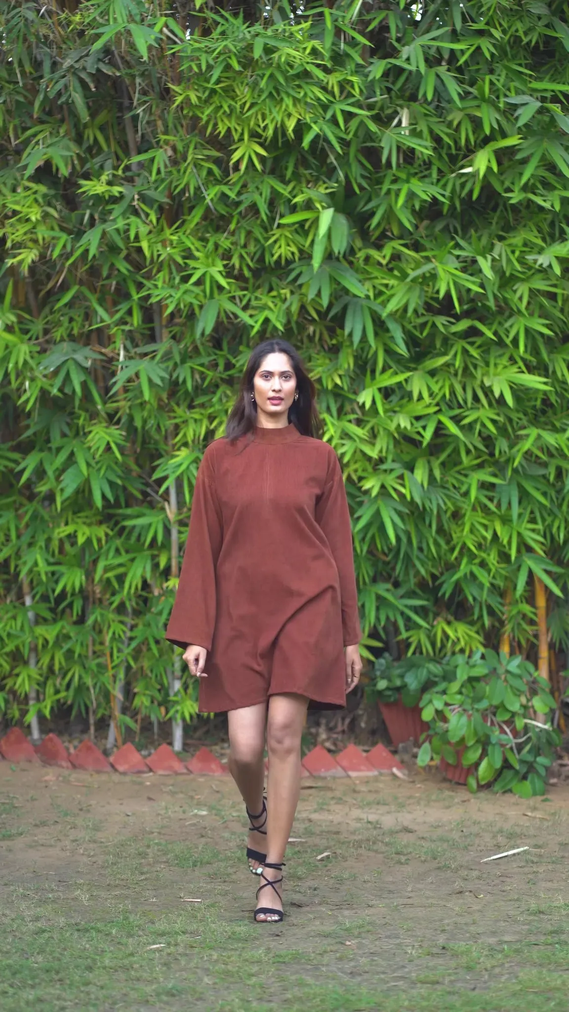 Brown Warm Cotton Corduroy A-Line Short Dress